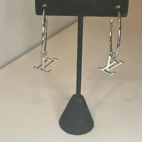 Upcycled Silver LV Louis Vuitton Stamped Charm 30mm Hoop Earrings - Picture 1 of 12